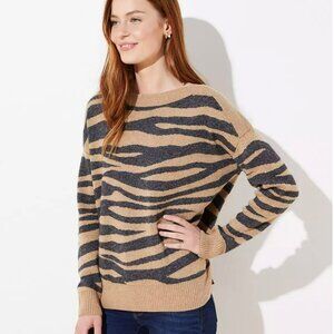 LOFT Tiger Striped Sweater Women XL Brown Gray Wool Blend Boat Neck Long Sleeves